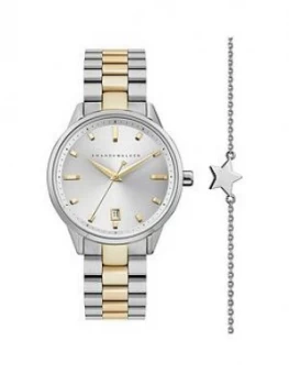 Amanda Walker Silver And Gold Detail Date Dial Two Tone Stainless Steel Bracelet Ladies Watch And Star Bracelet Gift Set