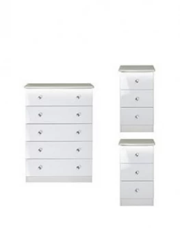 Swift Lumiere Ready Assembled 3 Piece Package - 5 Drawer Chest And 2 Bedside Chests With Lights