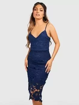 Boohoo Boutique Crochet Lace Strappy Midi Dress - Navy, Blue, Size 12, Women
