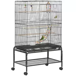 PawHut Bird Cage with Stand, Toys, Wheels, for Canaries, Finches, Lovebirds, Parakeets, Budgie Cage with Accessories, Storage Shelf, Black