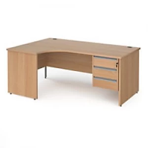 Dams International Left Hand Ergonomic Desk with 3 Lockable Drawers Pedestal and Beech Coloured MFC Top with Silver Panel Ends and Silver Frame Corner