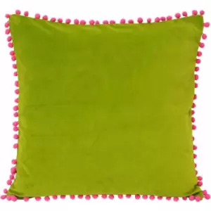 Riva Paoletti - Faux Velvet Pom Pom Fringe 100% Cotton Cushion Cover, Green/Fuchsia, 45 x 45 Cm