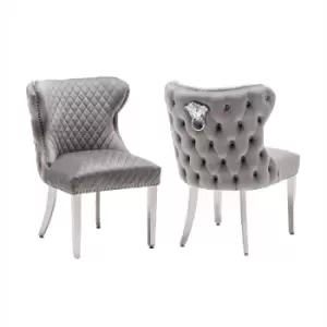 Neo Viviana Grey Velvet Dining Chair With Knocker Detail X2