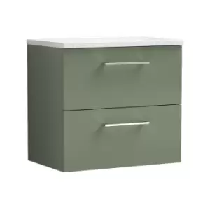 Arno Satin Green 600mm Wall Hung 2 Drawer Vanity Unit with Sparkling White Laminate Worktop - ARN824LSW - Satin Green - Nuie