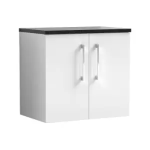 Arno Gloss White 600mm Wall Hung 2 Door Vanity Unit with Sparkling Black Laminate Worktop - ARN123LSB - Gloss White - Nuie