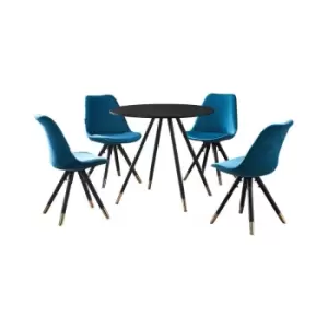 5 Pieces Life Interiors Sofia Dorchester Dining Set - a Black Round Dining Table and Set of 4 Blue Dining Chairs - Blue