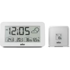 Braun Digital Weather Station Clock with Indoor and Outdoor Temperature and Humidity, Forecast, LCD display, Quick-set, Crescendo beep alarm in white,