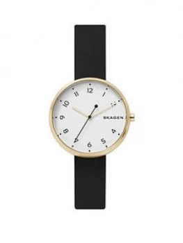 Skagen White And Gold Case Dial Black Leather Strap Watch