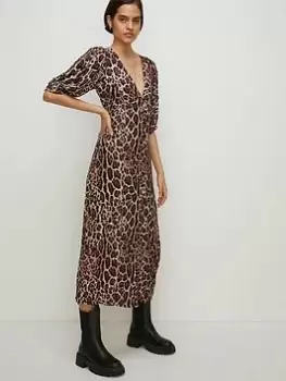 Oasis Animal Print Puff Sleeve Button Midi Dress - Multi, Black, Size 12, Women