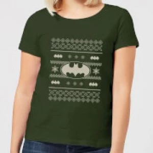 DC Batman Knit Pattern Womens Christmas T-Shirt - Forest Green - XXL