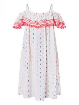 Accessorize Girls Dobby Spot Bardot Pom Pom Dress - White, Size 11-12 Years, Women