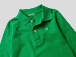 Benetton, Long Sleeve Polo In Organic Cotton, taglia 98, Green, Kids