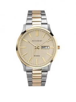 Accurist Textured Champagne Daydate Dial Tow Tome Stainless Steel Bracelet Mens Watch
