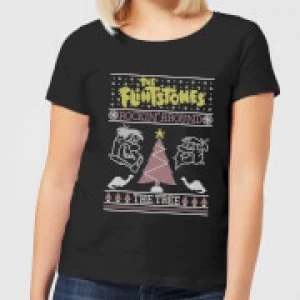 Flintstones Rockin Around The Tree Womens Christmas T-Shirt - Black - XL