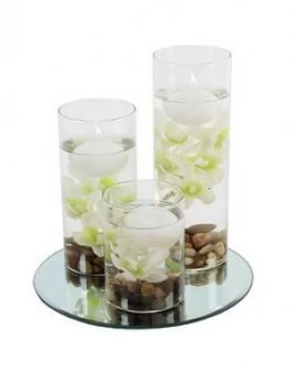 Hestia Set Of 3 Floating Candles With Vases And White Flowers On A Mirrored Base