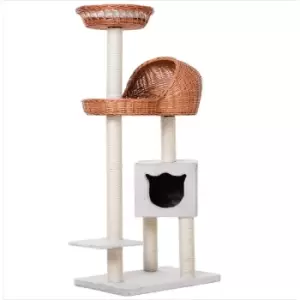 Pawhut - 1.3m Cat Tree for Indoor Cats Condo Tower Scratching Post Climber Hooded Rattan Wicker cat cave