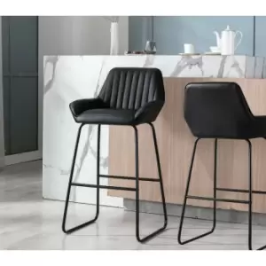 Bar Stools Set of 2 Black PU Bar Chairs Upholstered Seat with Armrest Black Metal Legs Backrest Dining Stools - black