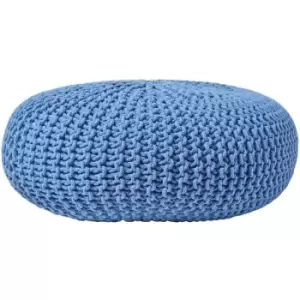 Blue Large Round Cotton Knitted Pouffe Footstool - Blue - Homescapes