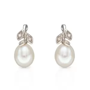 JG Signature 9ct White Gold Pearl & Diamond Leaf Design Earrings