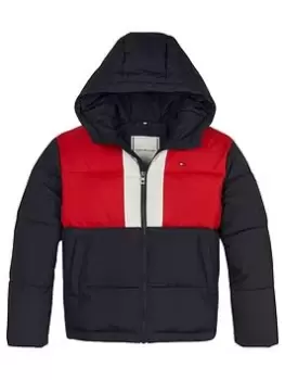 Boys, Tommy Hilfiger Kids Hooded Colour Block Padded Jacket - Navy, Size Age: 8 Years