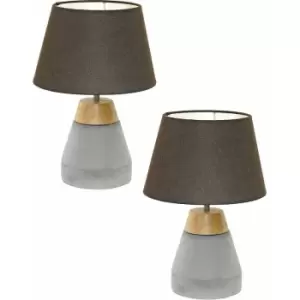2 pack Table Lamp Base Brown Wood & Grey Concrete Shade Brown Fabric E27 1x60W
