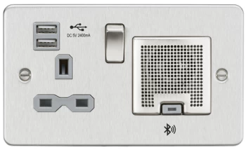 KnightsBridge Flat Plate 13A socket, USB chargers (2.4A) and Bluetooth Speaker - Brushed chrome with grey insert