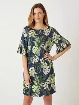 Wallis Tropical Print Frill Sleeve Shift Dress - Navy, Blue, Size 18, Women