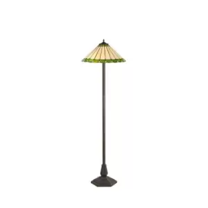 2 Light Octagonal Floor Lamp E27 With 40cm Tiffany Shade, Green, Crystal, Aged Antique Brass