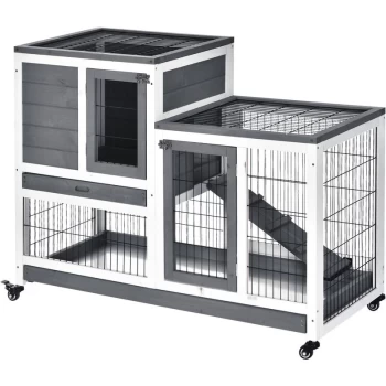 Pawhut - Wooden Indoor Rabbit Hutch Elevated Bunny Cage with Enclosed Run W/Wheel