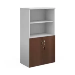 Duo combination unit with open top 1440mm high with 3 shelves - white with walnut lower doors