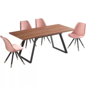 5 Pieces Life Interiors Sofia Toga Dining Set - an Extendable Brown Rectangular Wooden Dining Table and Set of 4 Pink Dining Chairs - Pink