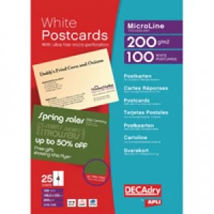 Decadry Postcards A4 Micro-perforated Sheet White Pack of 100 OCB332