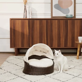 Clotho Indoor Outdoor Rattan Cat or Small Dog Bed Lounger with Retractable Canopy & Removeable Washable Cushion Brown/Cream ST-N10004-UK - Brown
