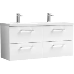 Arno Gloss White 1200mm Wall Hung 4 Drawer Vanity Unit with Twin Polymarble Basin - ARN124F - Gloss White - Nuie