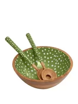 Dexam Sintra Mango Wood Spotted Salad Bowl And Serving Spoons Set In Green