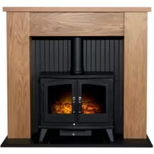 Adam New England Stove Fireplace in Oak & Black with Woodhouse Electric Stove in Black, 48 Inch