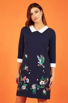 Navy Bird and Floral Embroidered Knitted Peter Pan Dress