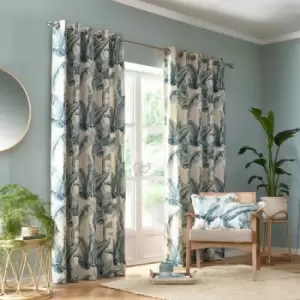 Cadiz Leaf Print 100% Cotton Eyelet Lined Curtains, Teal, 66 x 72" - Fusion