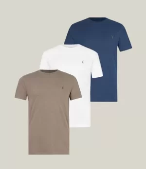 AllSaints Mens Cotton Tonic Crew 3 Pack T-Shirts, White, Blue and Brown, Size: XXL