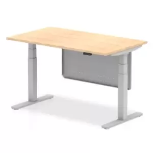 Air 1400 x 800mm Height Adjustable Desk Maple Top Silver Leg With Silver Steel Modesty Panel