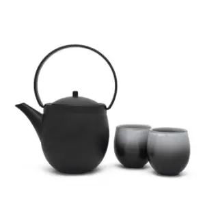Bredemeijer Gift Set With Sendai Design Teapot 1.1L In Black Cast Iron With 2 Porcelain Mugs - Black & Grey