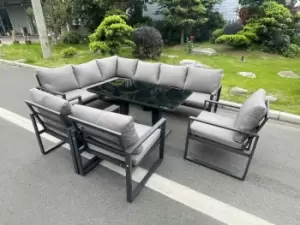 Aluminum Outdoor Garden Furniture Corner Sofa Chair Adjustable Rising Lifting Dining Table Sets Black Tempered Glass Dark Grey 9 Seater