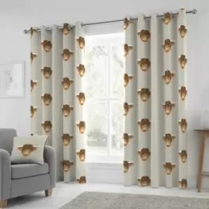 Fusion Highland Cow Print 100% Cotton Eyelet Lined Curtains, Natural, 90 x 90 Inch