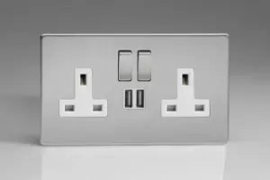 Varilight 2-Gang 13A Double Pole Switched Socket with Metal Rockers + 2 5V DC 2100mA USB Charging Ports - XDS5U2SWS