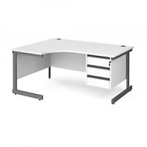 Dams International Left Hand Ergonomic Desk with 3 Lockable Drawers Pedestal and White MFC Top with Graphite Frame Cantilever Legs Contract 25 1600 x