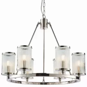 6 Light Chandelier Pendant Nickel Ribbed Glass Shade Hanging Ceiling Lamp Holder