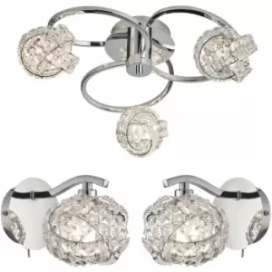 3 Bulb Ceiling Lamp & 2x Matching Wall Light Chrome Arm & Crystal Twist Shade