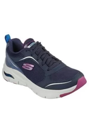 Skechers Arch Fit Leather Overlay Mesh Lace-up Trainers, Navy, Size 4, Women