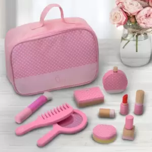 Chloe Wooden Travel Vanity Set Makeup Kit Pretend Play Cosmetics with Bag & 9 Accessories Fashion Polka Dot Print Pink TK-W00010 - Teamson Kids