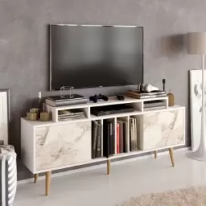 Char 160 Cm tv Unit ,tv Stand With Two Cabinets ,tv Cabinet With Solid Wood Legs, tv Console With Open Shelves Up To 71 TV'S-White And White Marble